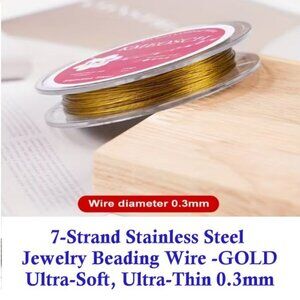 Gold 7-Strand Stainless Steel Jewelry Beading Wire .3mm,  Ultra-Soft Flexible